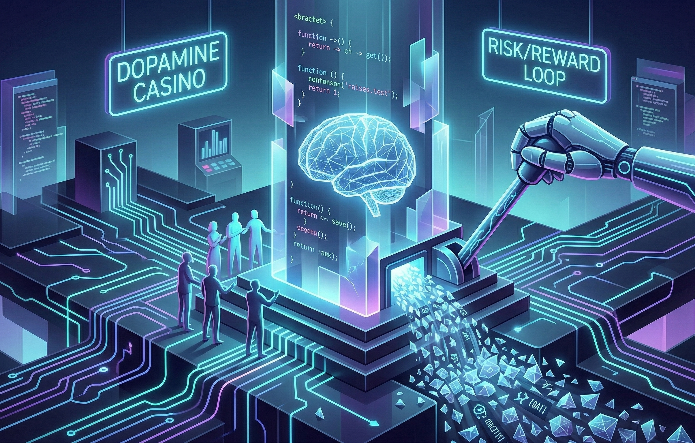The dopamine casino — code fragments dissolve into a glowing risk-reward loop