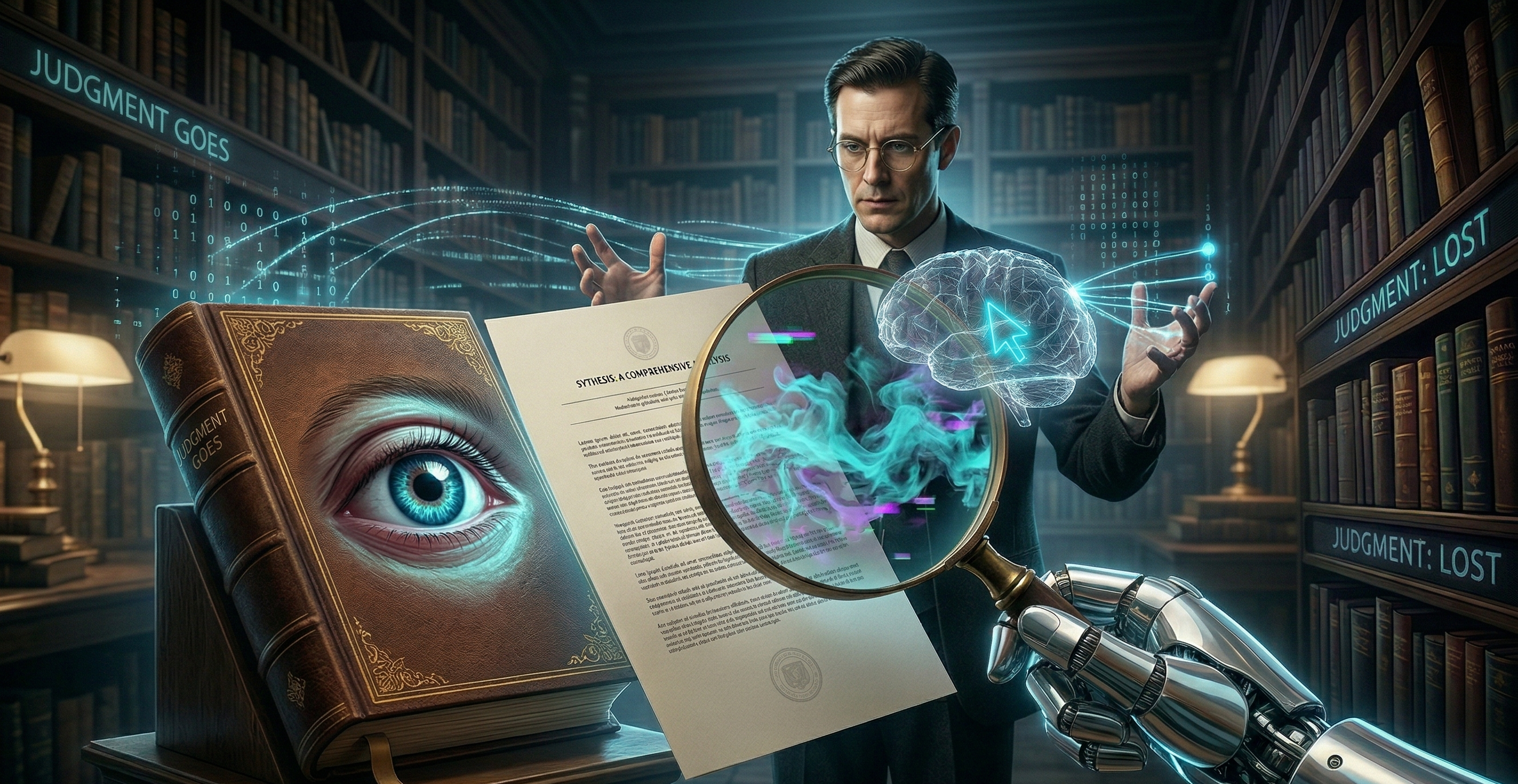 Judgment goes — a robotic hand holds a magnifying glass over vanishing text while a man reaches for a glowing brain