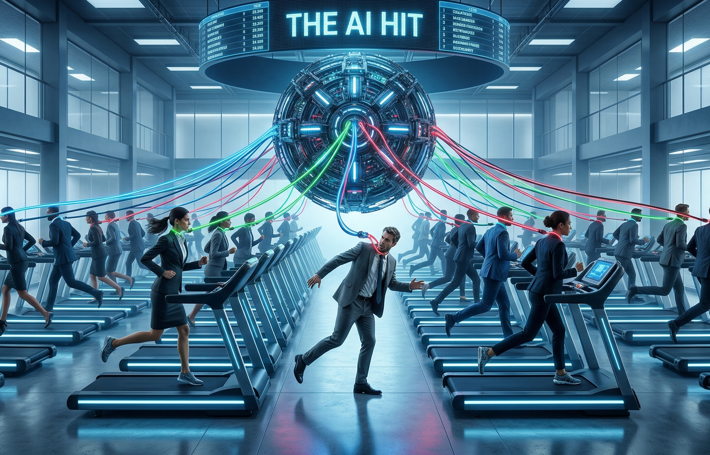 The AI Hit — people sprint on treadmills, wired to a central machine tracking their output